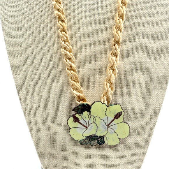 Jewelry - Vintage Cloisonne Hibiscus Flower Necklace with Silk Cord Boho Charm